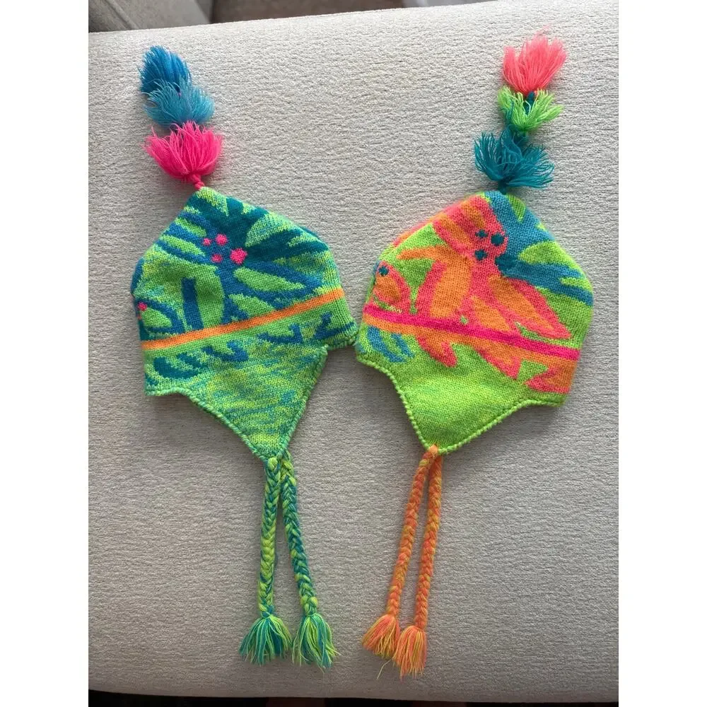 VTG 80s Obermeyer Kids Trapper Hat Beanies Neon Earflap Hat Tassle Preschool (2)